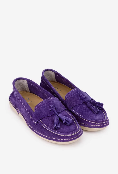 Mocasini dama NUR din piele intoarsa mov cu detaliu canaf