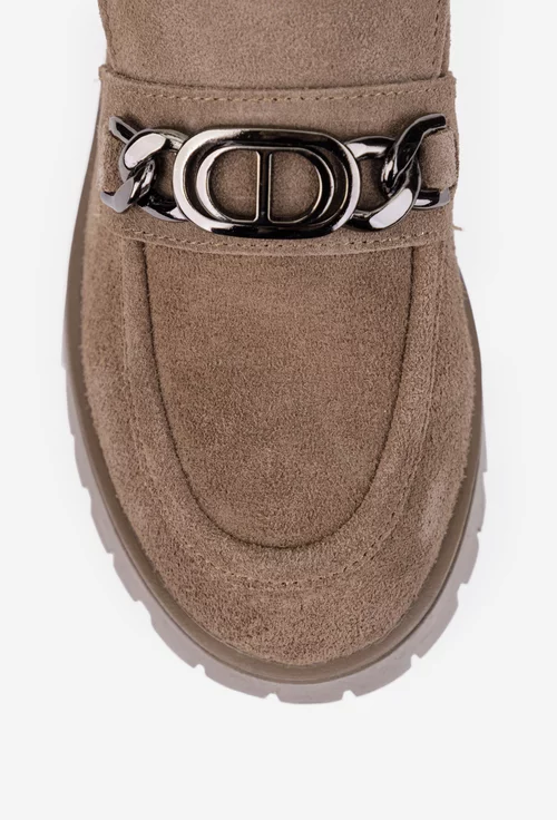 Mocasini dama NUR din piele intoarsa taupe cu ornament