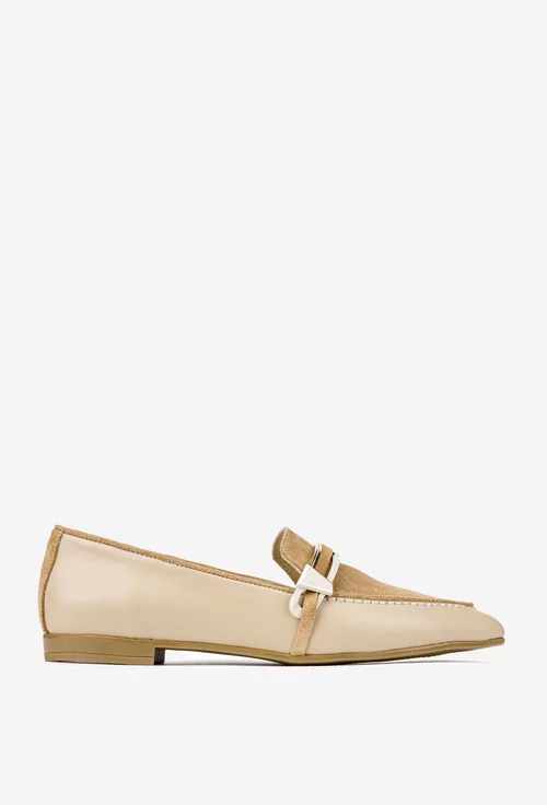 Mocasini dama NUR maro cu bej din piele accesorizati cu ornament