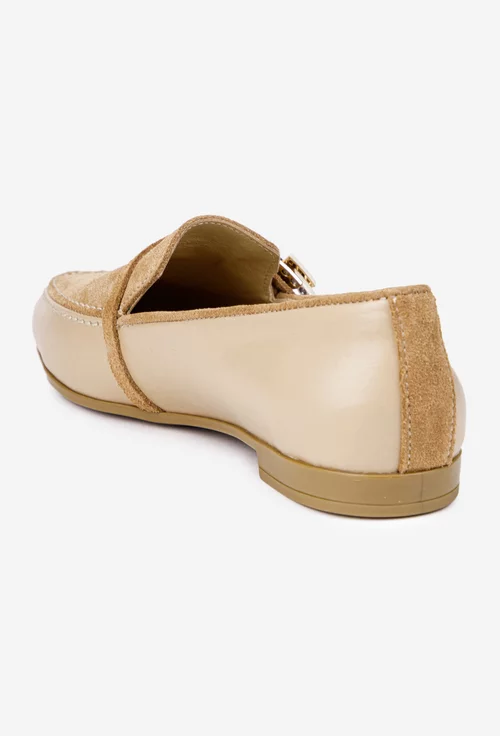 Mocasini dama NUR maro cu bej din piele accesorizati cu ornament