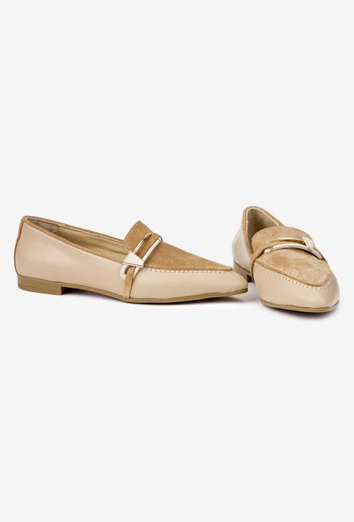 Mocasini dama NUR maro cu bej din piele accesorizati cu ornament