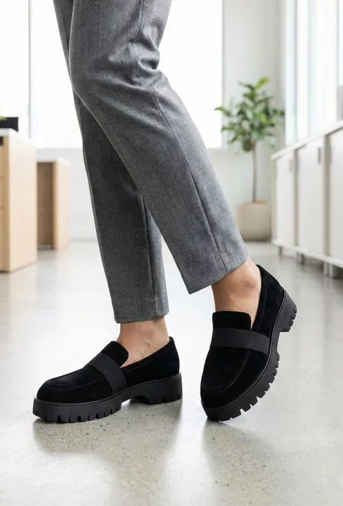 Mocasini dama NUR negri din piele intoarsa cu elastic