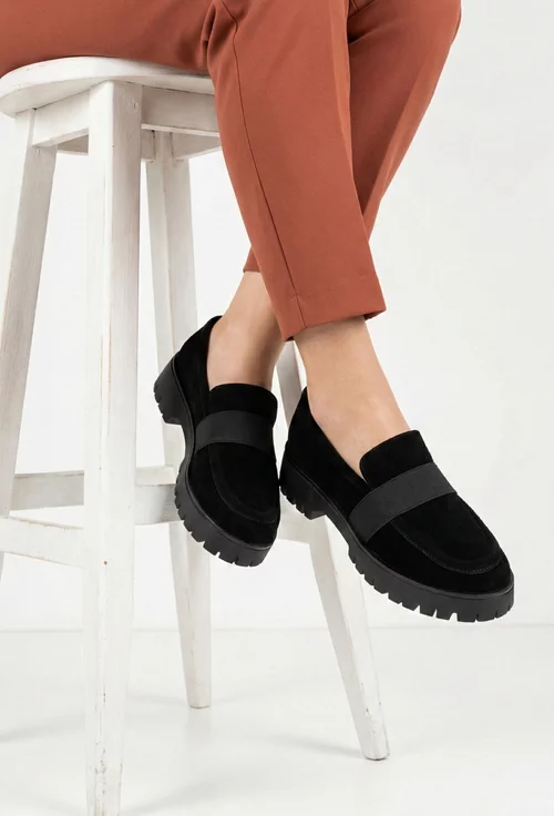 Mocasini dama NUR negri din piele intoarsa cu elastic picture - 2