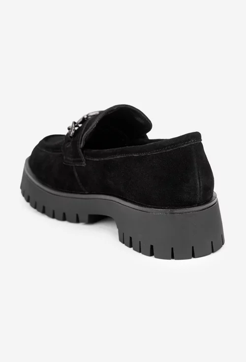Mocasini dama NUR negri din piele intoarsa cu ornament