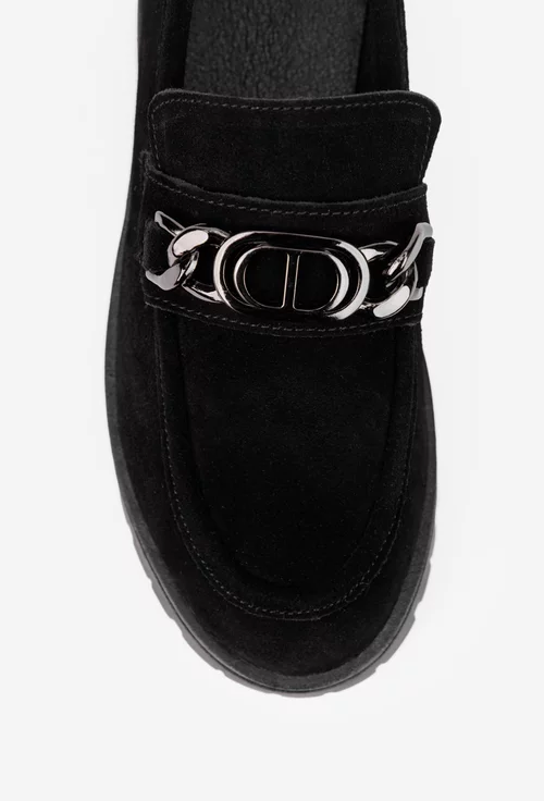 Mocasini dama NUR negri din piele intoarsa cu ornament