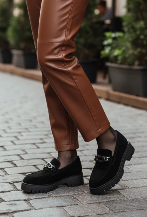 Mocasini dama NUR negri din piele intoarsa cu ornament