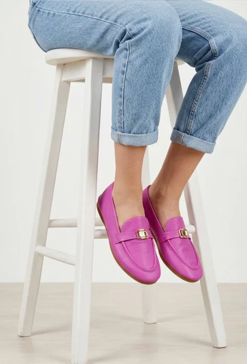 Mocasini dama roz din piele naturala cu ornament
