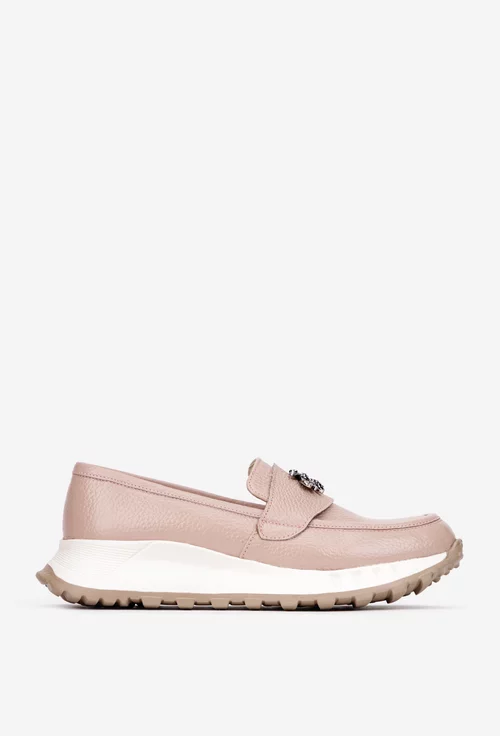 Mocasini dama roz pudra din piele texturata cu ornament