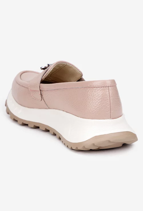 Mocasini dama roz pudra din piele texturata cu ornament