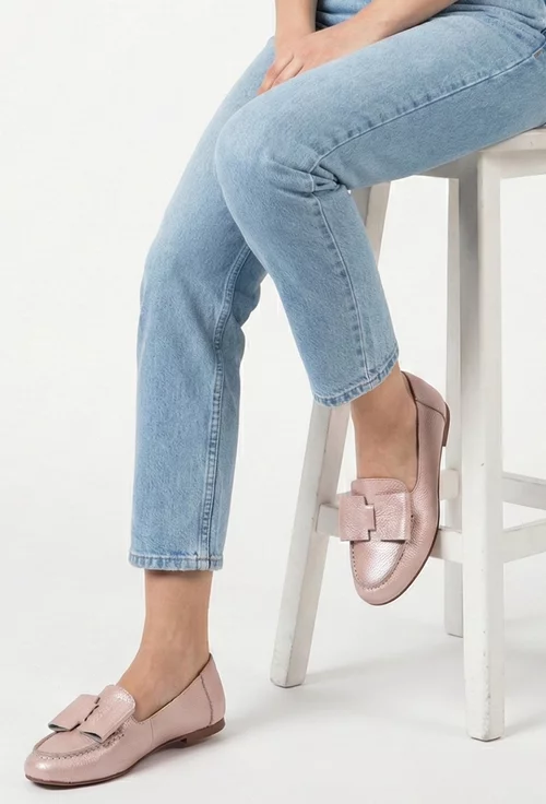 Mocasini dama roz sidefat din piele naturala cu funda