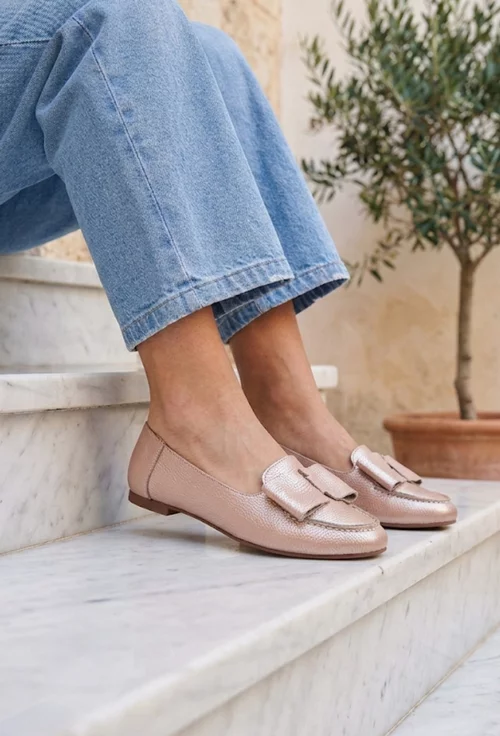 Mocasini dama roz sidefat din piele naturala cu funda picture - 2