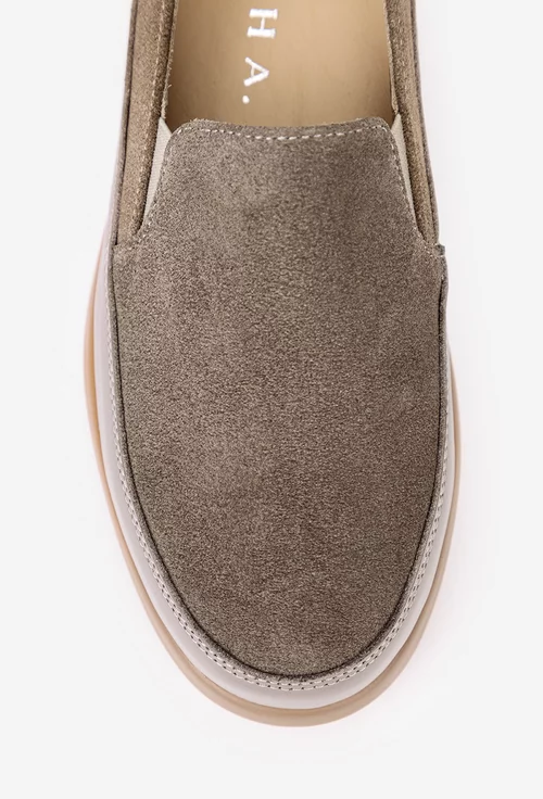 Mocasini dama taupe din piele intoarsa