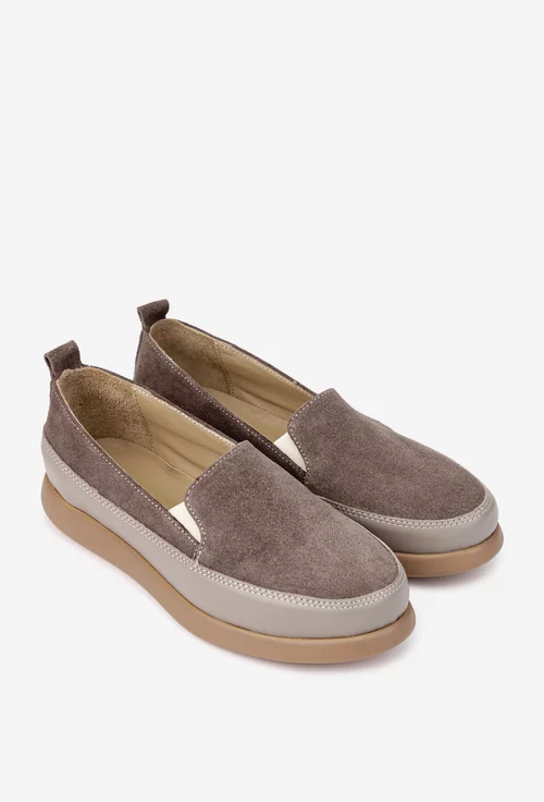 Mocasini dama taupe din piele intoarsa