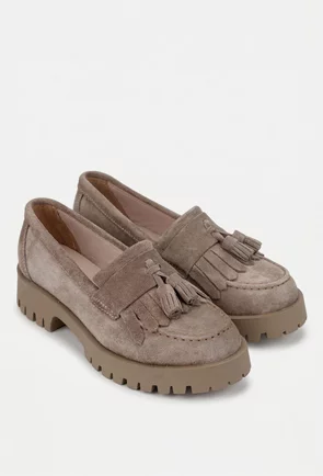 Mocasini dama taupe din piele intoarsa cu detaliu canaf