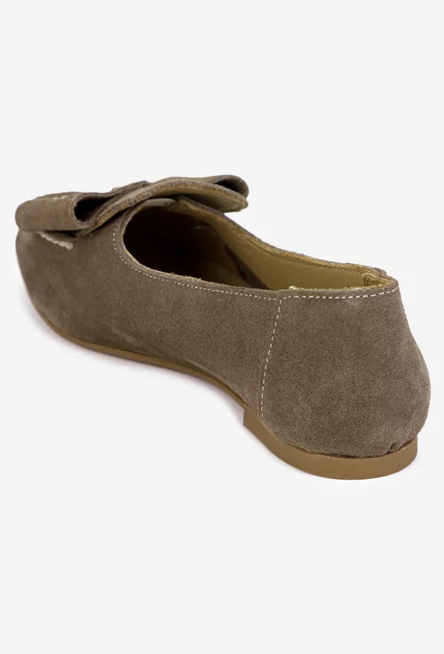 Mocasini dama taupe din piele intoarsa cu funda