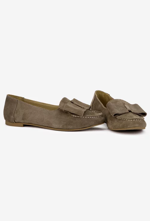 Mocasini dama taupe din piele intoarsa cu funda