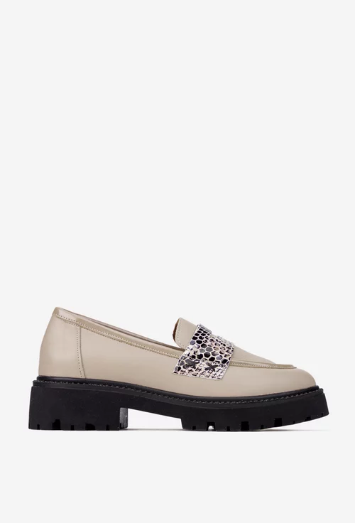 Mocasini dama taupe din piele naturala cu detalii piele lacuita