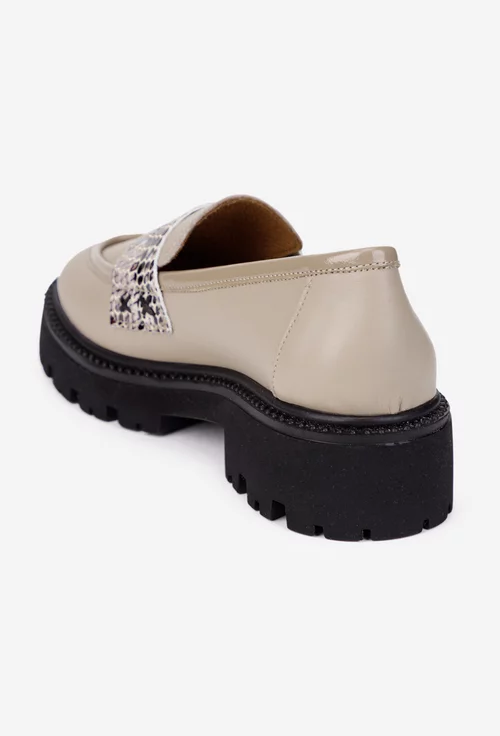 Mocasini dama taupe din piele naturala cu detalii piele lacuita