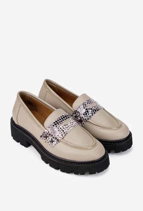 Mocasini dama taupe din piele naturala cu detalii piele lacuita