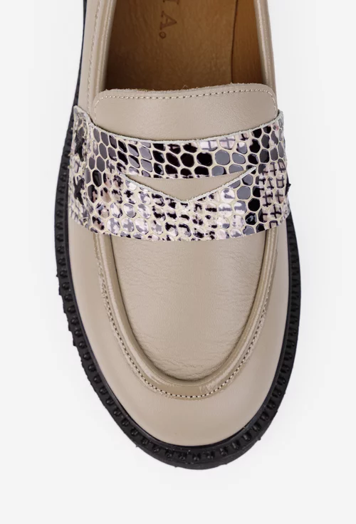 Mocasini dama taupe din piele naturala cu detalii piele lacuita