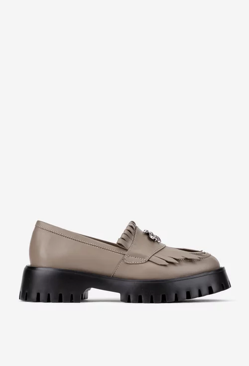 Mocasini dama taupe din piele naturala cu ornament