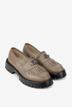 Mocasini dama taupe din piele naturala cu ornament