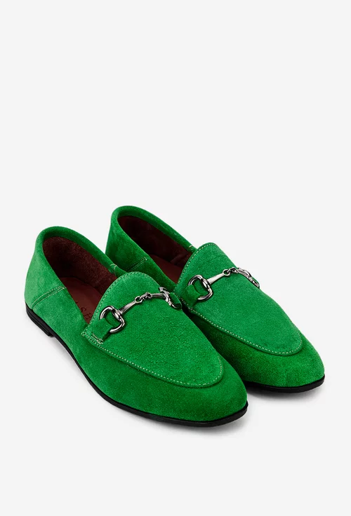 Mocasini dama verzi din piele intoarsa cu ornament