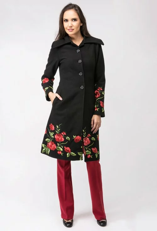 Palton negru cu imprimeu floral brodat Bridget
