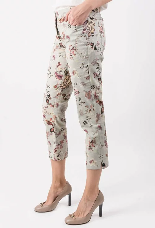 Pantaloni gri din bumbac cu imprimeu floral colorat Paula