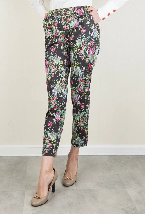 Pantaloni negri cu imprimeu floral colorat Flower