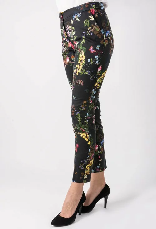 Pantaloni negri cu imprimeu floral multicolor din bumbac  Amour