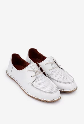 Pantofi albi din piele naturala cu aspect perforat