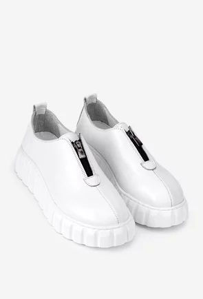 Pantofi albi din piele naturala cu fermoar