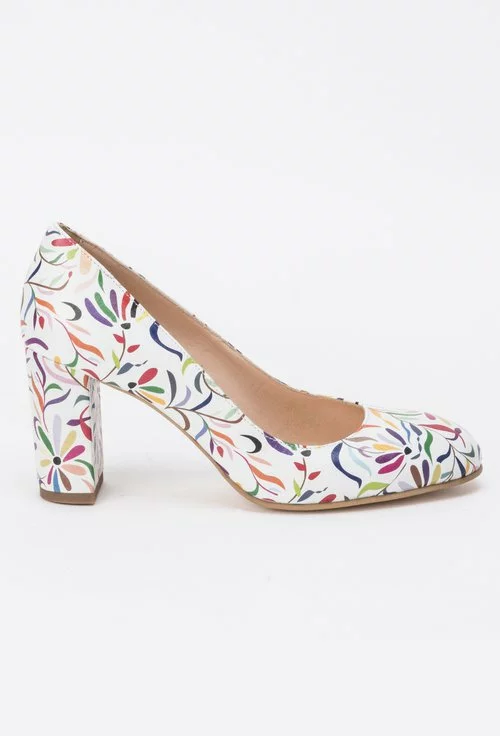 Pantofi albi din piele naturala cu imprimeu floral colorat Aurora