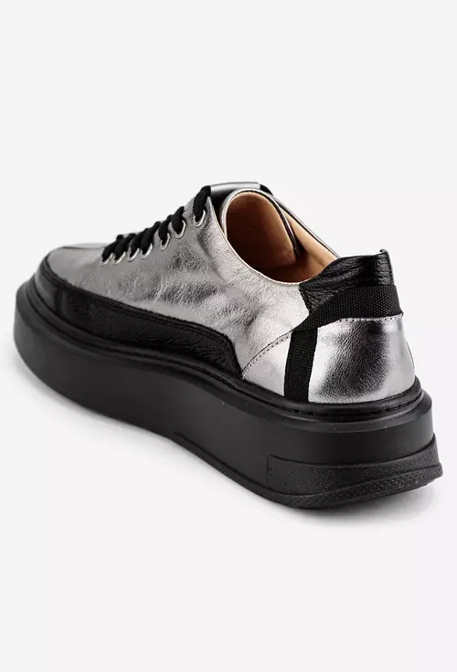 Pantofi argintii cu negru din piele naturala