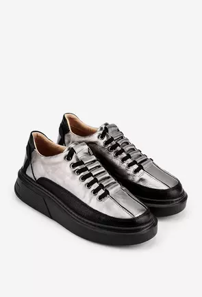 Pantofi argintii cu negru din piele naturala