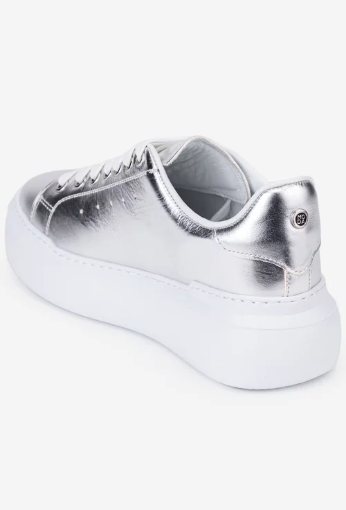Pantofi argintii din piele cu siret