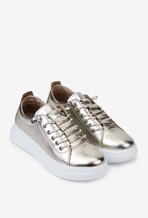 Pantofi aurii din piele cu siret elastic