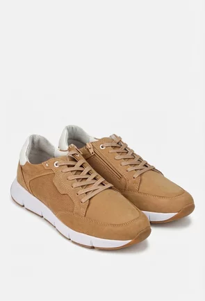 Pantofi barbati bej din piele nabuc cu siret si fermoar