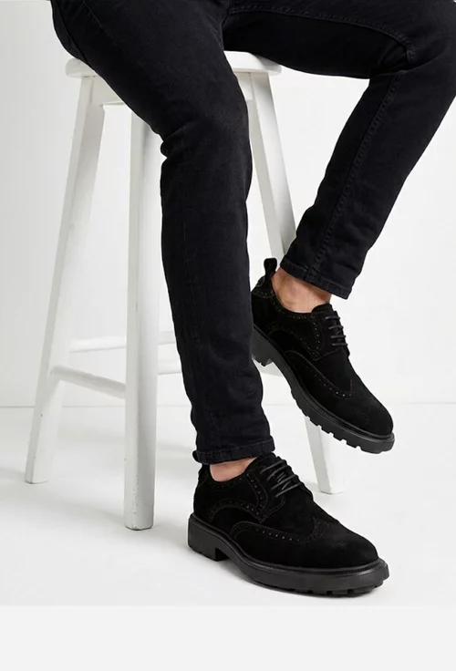 Pantofi barbati confectionati din piele intoarsa neagra cu model picture - 2