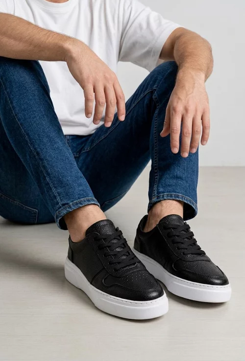 Pantofi barbati confectionati din piele texturata neagra picture - 2