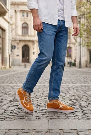 Pantofi barbati din piele intoarsa portocalie cu detalii bej