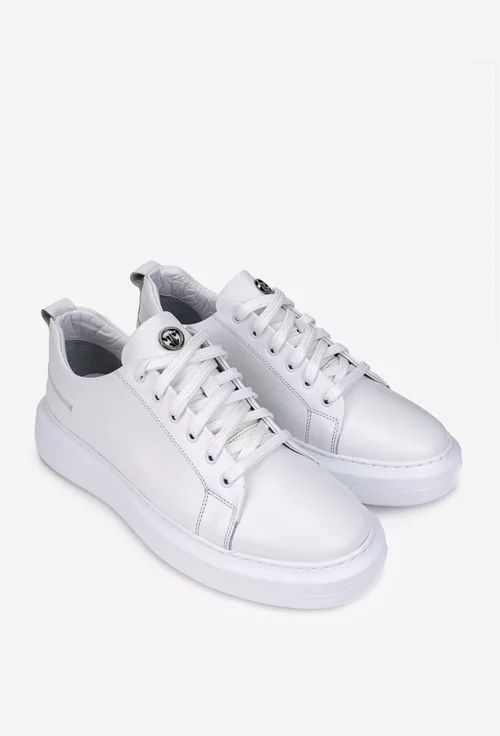 Pantofi barbati din piele naturala alba cu talpa alba