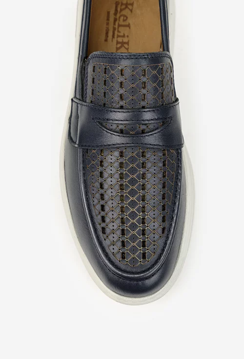 Pantofi barbati din piele naturala bleumarin cu perforatii