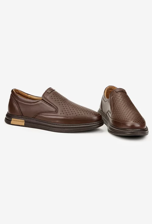 Pantofi barbati din piele naturala maro cu perforatii