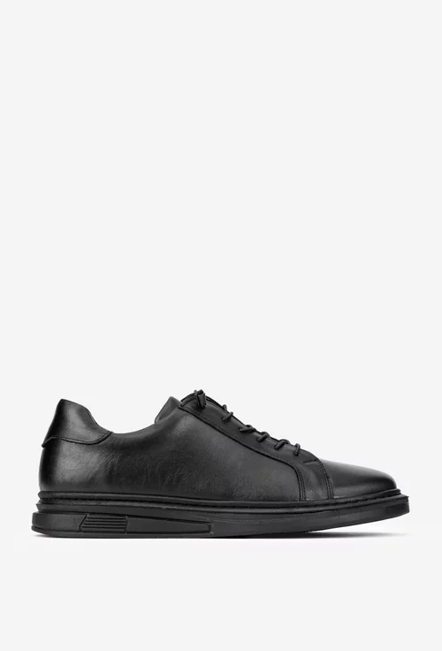 Pantofi barbati din piele naturala neagra cu siret elastic