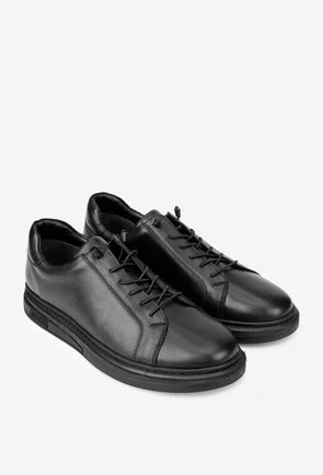 Pantofi barbati din piele naturala neagra cu siret elastic