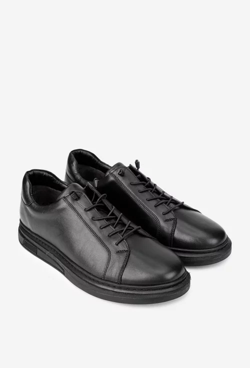 Pantofi barbati din piele naturala neagra cu siret elastic