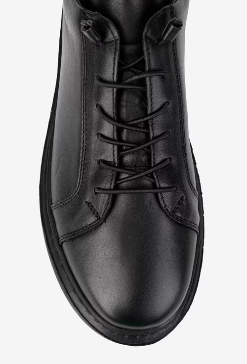Pantofi barbati din piele naturala neagra cu siret elastic