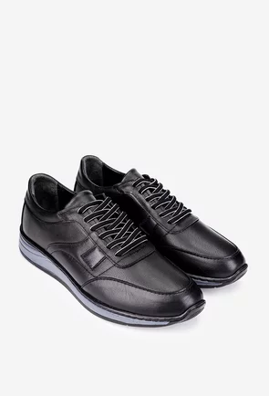 Pantofi barbati din piele naturala neagra cu siret negru cu alb